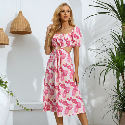 Damen Midikleid mit modischem Cut-Out und Puffärmeln Fudus