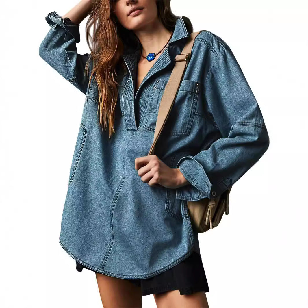 Damen lässige Overshirt aus hochwertigem Denim mit strukturiertem Design Fudus