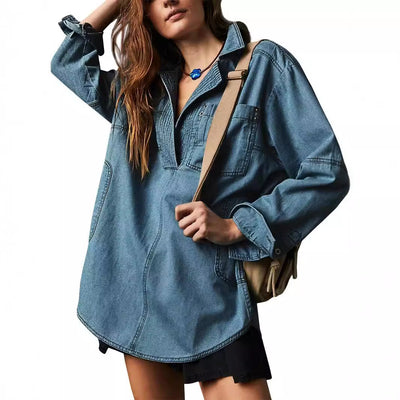 Damen lässige Overshirt aus hochwertigem Denim mit strukturiertem Design Fudus