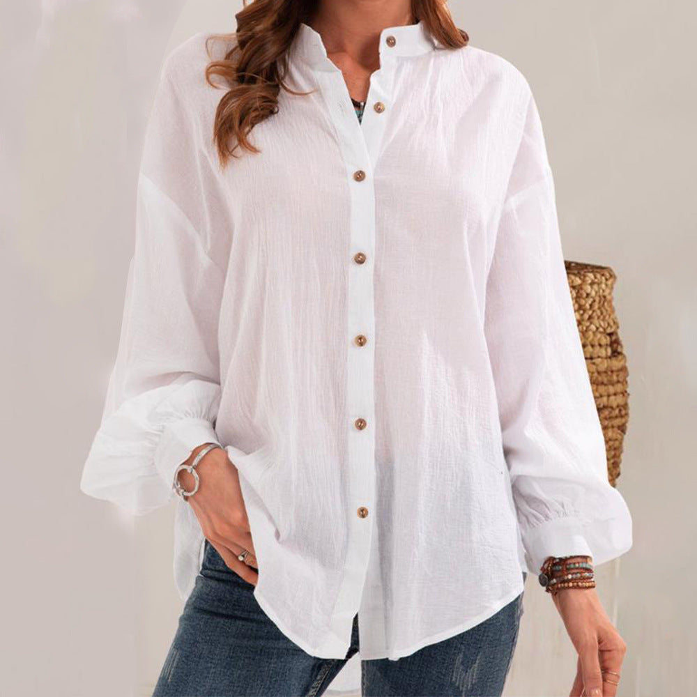 Damen lässige Bluse aus leichtem Leinen mit dekorativen Knöpfen Fudus