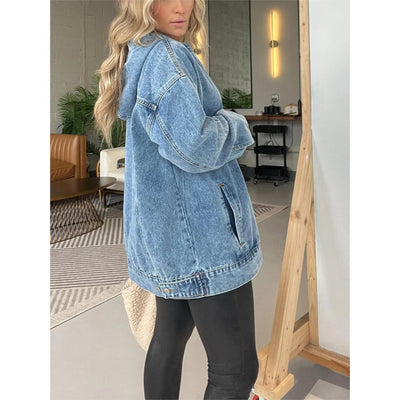 Damen Oversized Hoodie aus Denim mit praktischem Kängurutasche Fudus