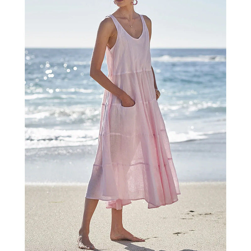 Damen Midikleid mit lässigem V-Ausschnitt und praktischen Taschen Fudus