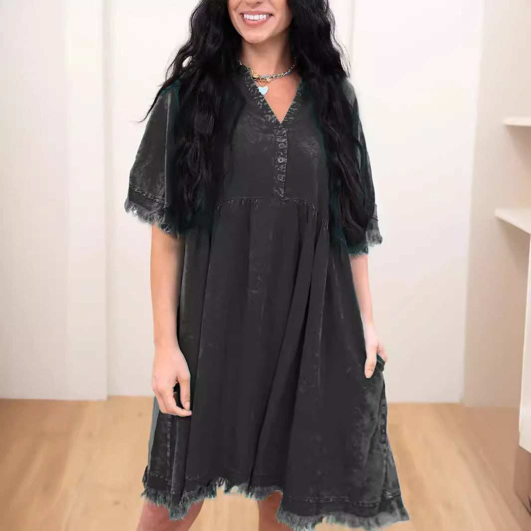 Damen Sommerkleid mit eleganter Knopfleiste und fransigem Saum Fudus