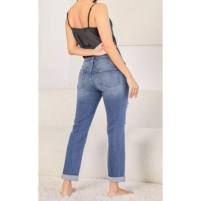 Damen Jeans im modernen Boyfriend-Schnitt mit hohen Knopfdetails und stylischem Used-Look Fudus