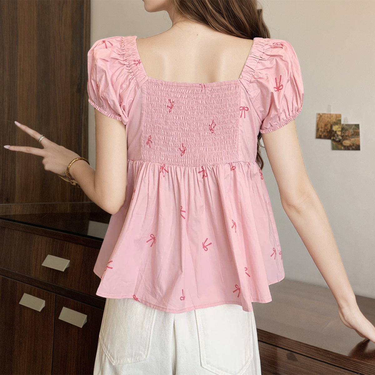 Damen lässiges Oberteil mit Puffärmeln und eleganten Rüschendetails Fudus