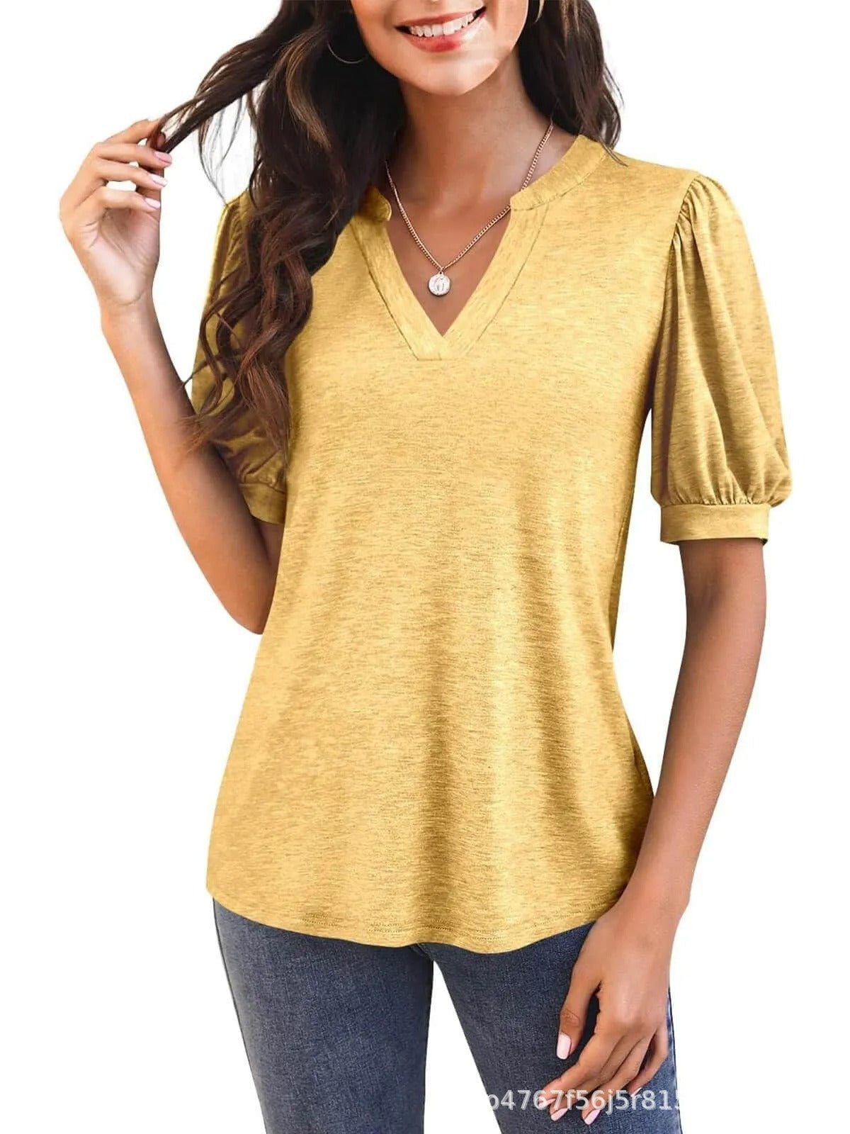 Damen T-Shirt mit V-Ausschnitt und Puffärmeln Fudus