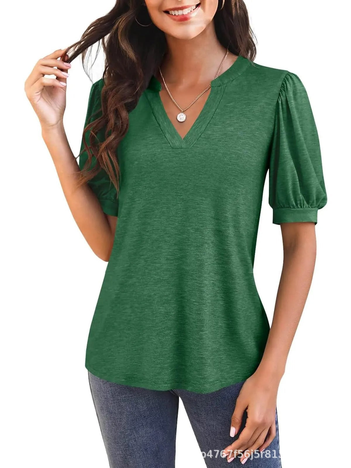 Damen T-Shirt mit V-Ausschnitt und Puffärmeln Fudus