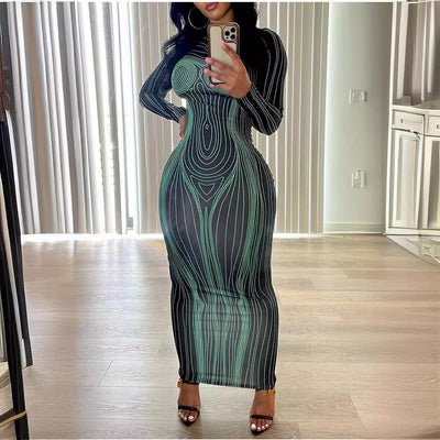 Damen Langärmliges Maxikleid mit strukturiertem Linienmuster und figurbetonendem Schnitt Fudus