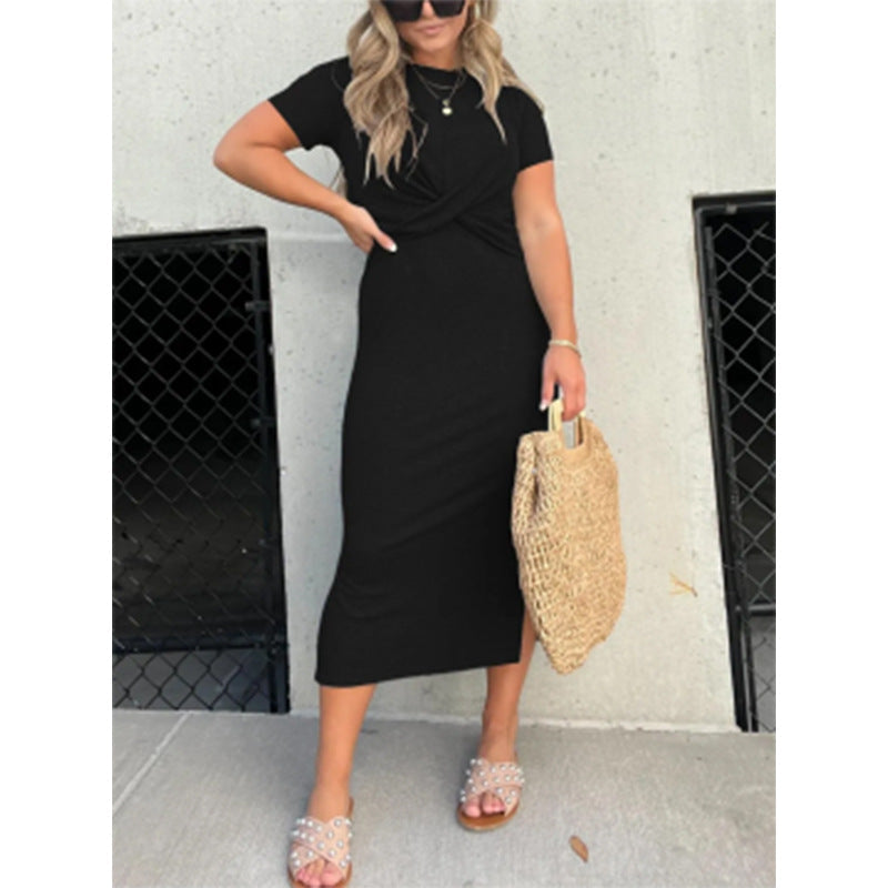 Damen lässiges Maxi-Kleid mit knotendem Detail und kurzärmeligen Schnitt Fudus