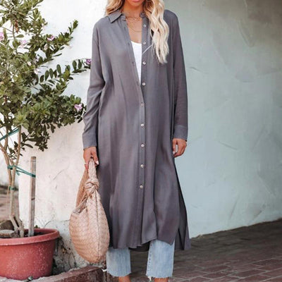 Damen Hemdblusenkleid mit langen Ärmeln und seitlichen Schlitzen Fudus