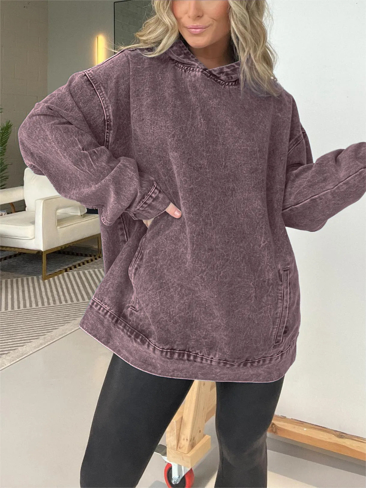 Damen Oversized Hoodie aus Denim mit praktischem Kängurutasche Fudus