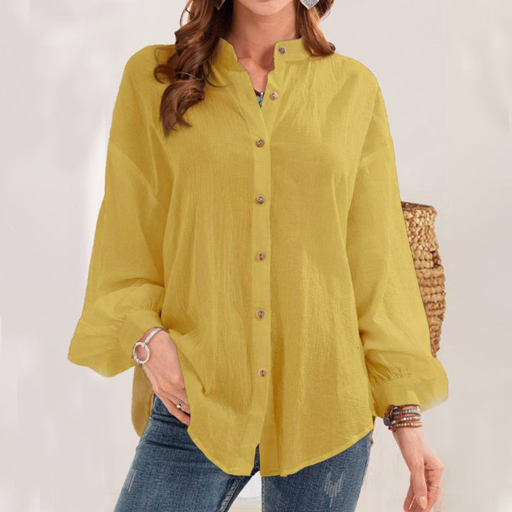 Damen lässige Bluse aus leichtem Leinen mit dekorativen Knöpfen Fudus