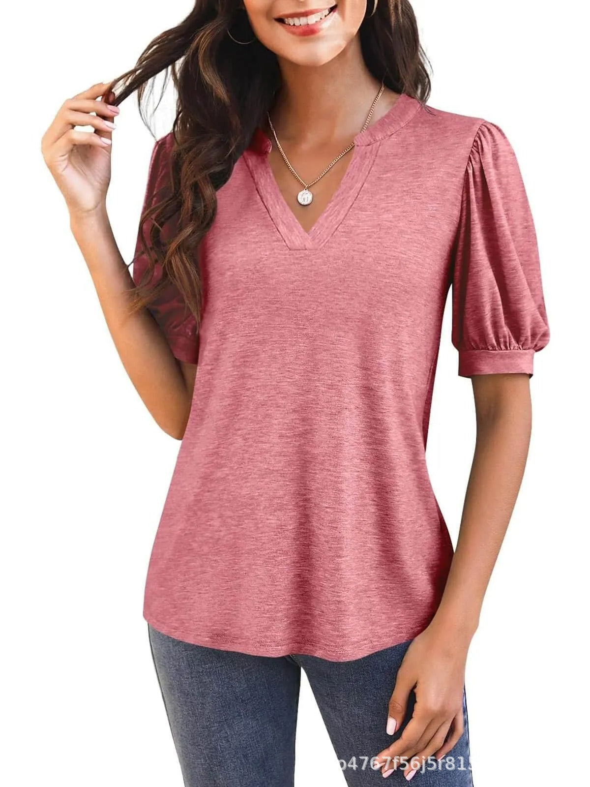 Damen T-Shirt mit V-Ausschnitt und Puffärmeln Fudus