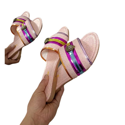 Damen modische transparente Pantoletten mit bunten Riemen und dekorativem Detail Fudus
