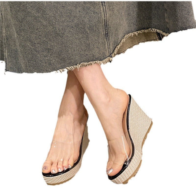 Damen Wedge-Pantoletten mit transparentem Riemendesign und gepolsterter Innensohle Fudus
