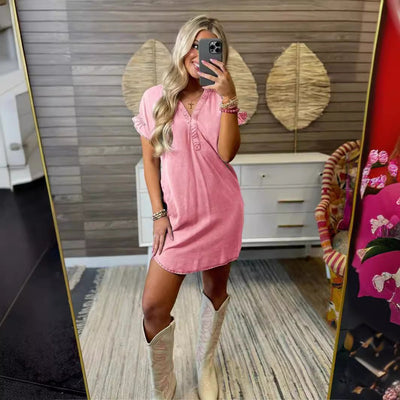 Damen Kurzarm-Kleid mit schönem V-Ausschnitt und Rüschendetails Fudus