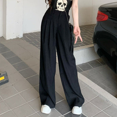 Damen weite Anzughose mit eleganten Falten und hohen Bund Fudus