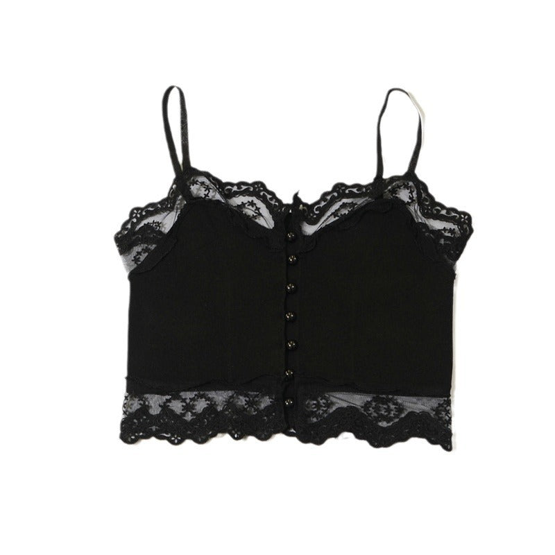 Damen Spitzen-Crop-Top mit zarten Knopfdetails und verführerischem Design Fudus