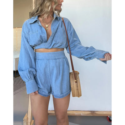 Damen lässiges Denim-Set mit cropped Bluse und lockerer Shorts Fudus