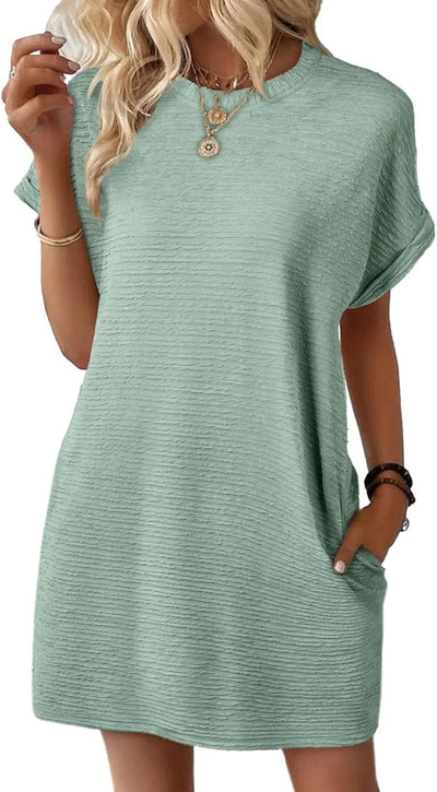 Damen lässiges Kurzarm-Kleid mit eingewebtem Texturmuster und praktischen Taschen Fudus