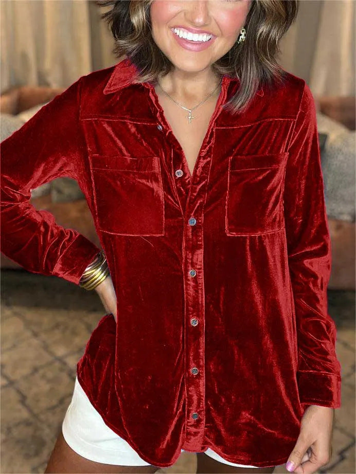 Damen Samt-Bluse im lässigen Schnitt mit Brusttaschen Fudus