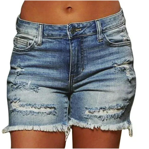 Damen Destroyed Jeans-Shorts mit fransigem Saum und hohem Bund Fudus