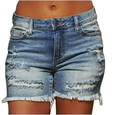 Damen Destroyed Jeans-Shorts mit fransigem Saum und hohem Bund Fudus