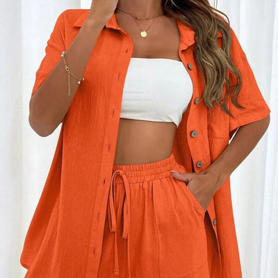 Damen lässige Kurzarmbluse mit Knopfleiste und Brusttasche Fudus