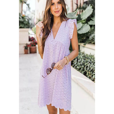 Damen Kurzkleid im luftigen Boho-Stil mit V-Ausschnitt und Rüschendetails Fudus