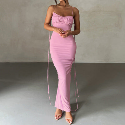 Damen figurbetontes langes Kleid mit verstellbaren Trägern und Raffung Fudus