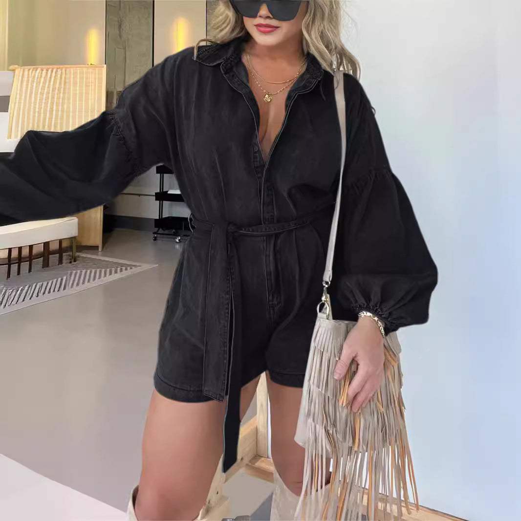 Damen Denim-Overall mit weitem Schnitt und eleganten Puffärmeln Fudus