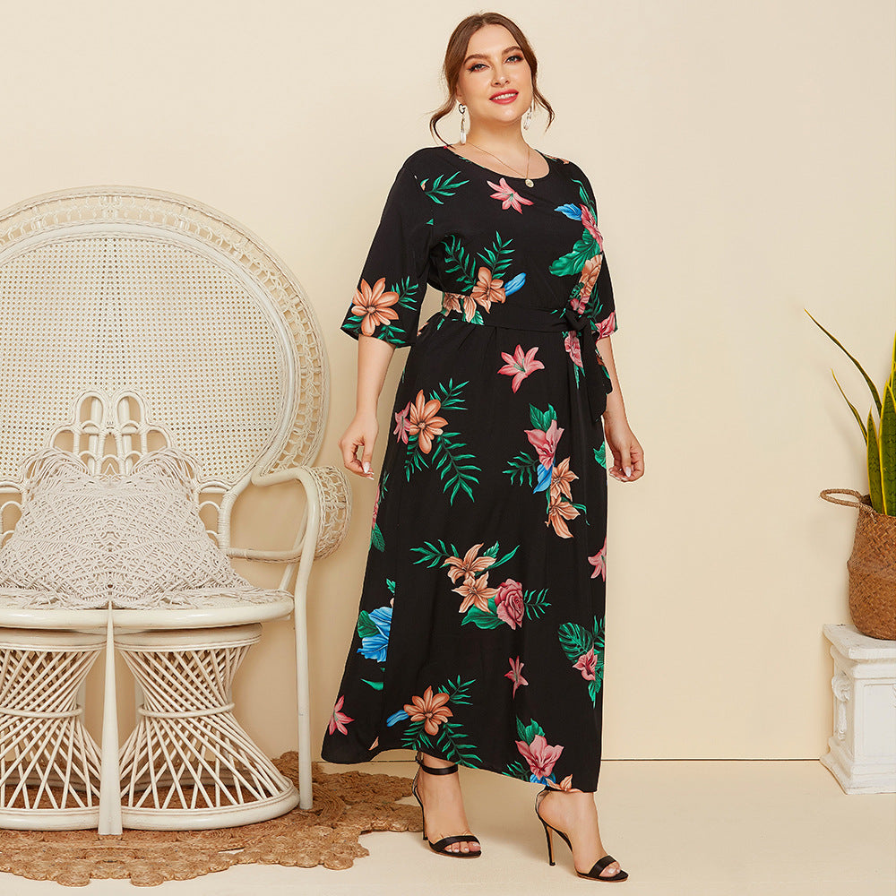 Damen Maxikleid mit floralem Design und Taillengürtel Fudus