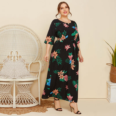 Damen Maxikleid mit floralem Design und Taillengürtel Fudus