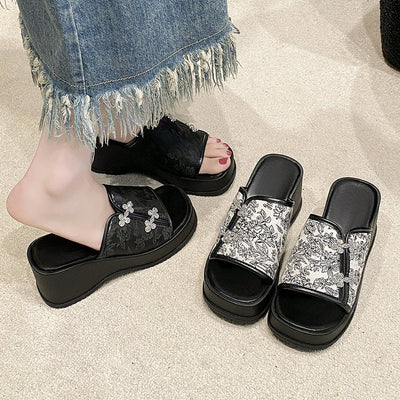 Damen Wedge-Sandalen mit floralem 3D-Design und funkelnden Applikationen Fudus