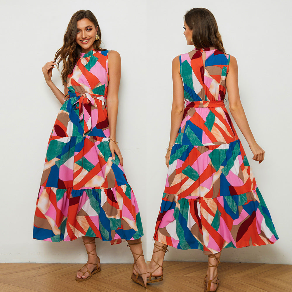 Damen Maxikleid mit hohem Hals und voluminösem Saum Fudus