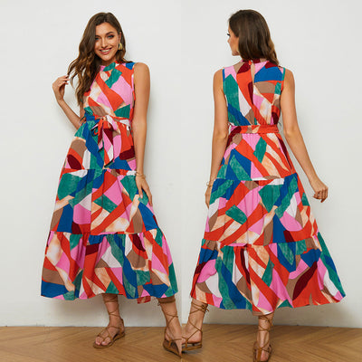 Damen Maxikleid mit hohem Hals und voluminösem Saum Fudus