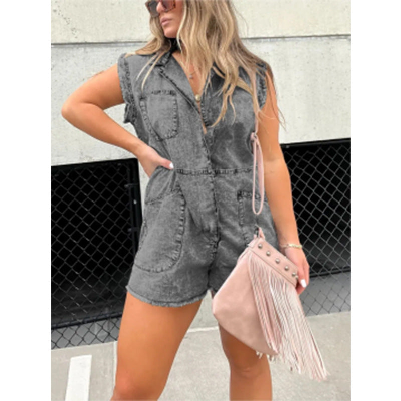 Damen trendiger Jeans-Overall mit Taschen und Kurzarm Fudus