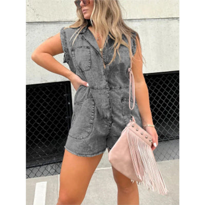 Damen trendiger Jeans-Overall mit Taschen und Kurzarm Fudus