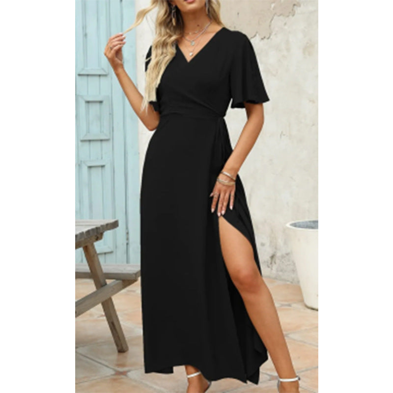 Damen Maxikleid mit elegantem V-Ausschnitt und seitlichem Schlitz Fudus