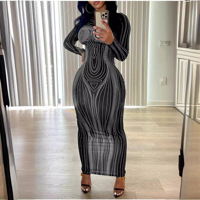 Damen Langärmliges Maxikleid mit strukturiertem Linienmuster und figurbetonendem Schnitt Fudus