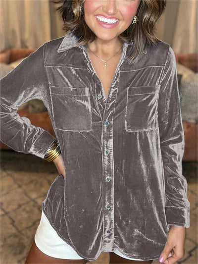 Damen Samt-Bluse im lässigen Schnitt mit Brusttaschen Fudus