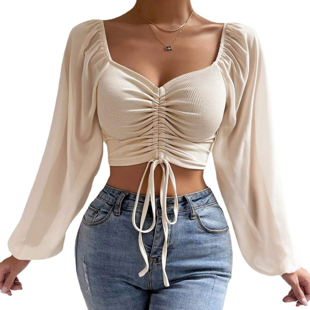 Damen Oberteil mit gerafftem Design und ballonförmigen Ärmeln Fudus