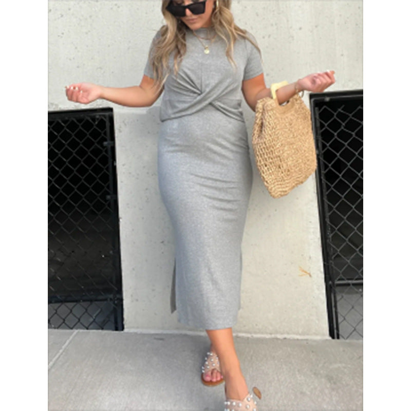 Damen lässiges Maxi-Kleid mit knotendem Detail und kurzärmeligen Schnitt Fudus