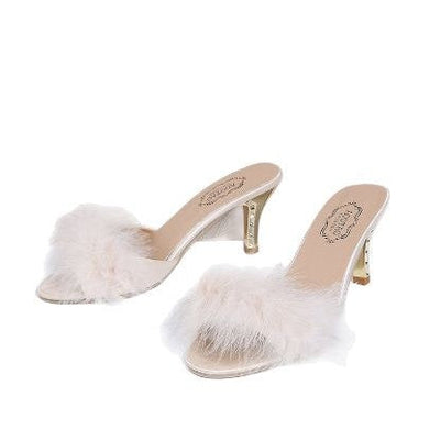 Damen schicke Pantoletten mit glamourösem Federdesign und elegantem Absatz Fudus
