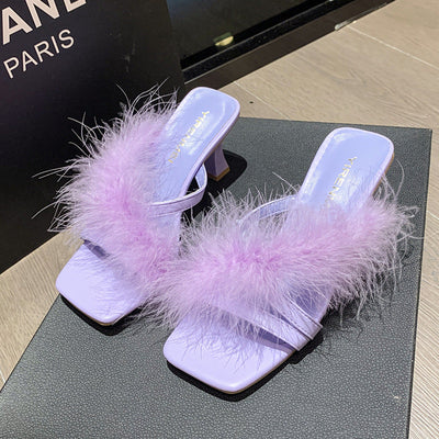 Damen elegante Sandalen mit flauschigen Plüschriemen und blockartigen Absätzen Fudus