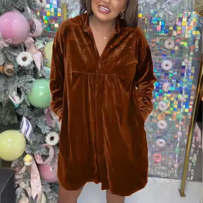 Damen Luxuriöses Velourshemdkleid mit Knopf und verspieltem Schnitt Fudus