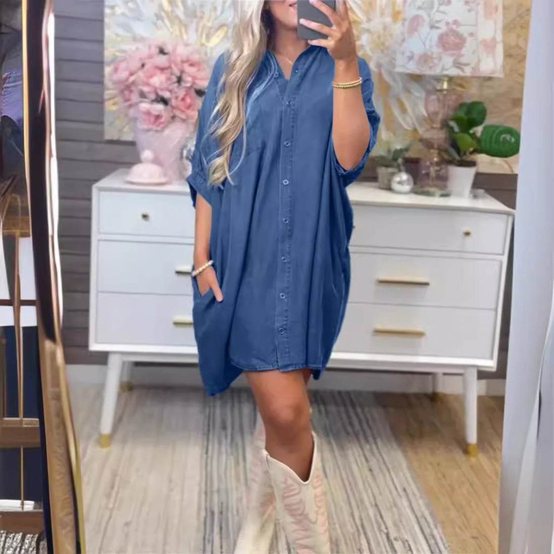 Damen Übergröße Denim-Shirtkleid mit praktischen Taschen und lässigem Schnitt Fudus