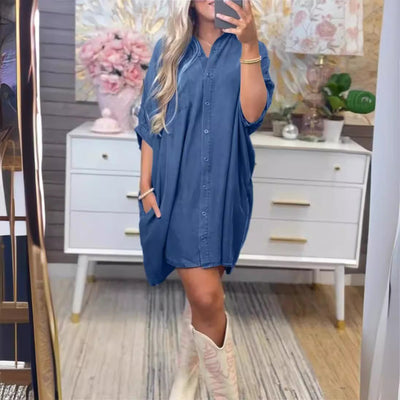 Damen Übergröße Denim-Shirtkleid mit praktischen Taschen und lässigem Schnitt Fudus