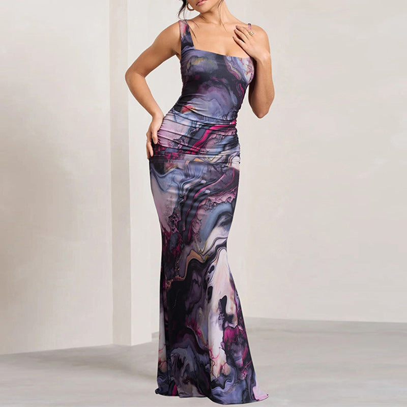 Damen Maxikleid mit modernem Batik-Muster und figurbetontem Schnitt Fudus
