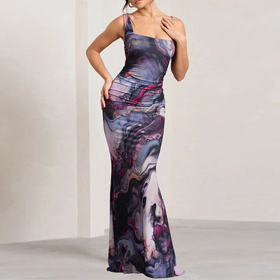 Damen Maxikleid mit modernem Batik-Muster und figurbetontem Schnitt Fudus